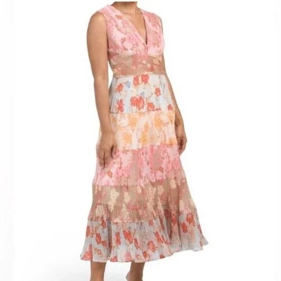 Dalia MacPhee Dresses & Skirts - NEW Dalia MacPhee Floral Pastel Multi V-Neck Pleated Midi Dress Pink Size L